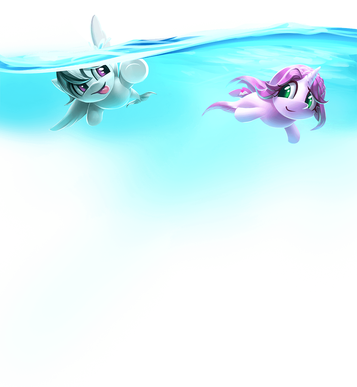 Two of our young mascot ponies, Sharp Focus and Novella, are swimming together beneath the surface of the ocean