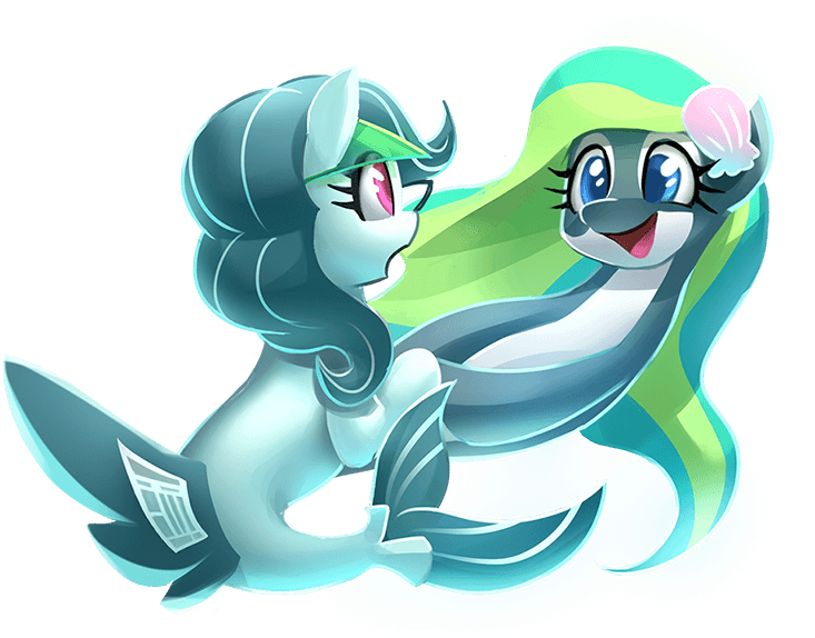 Front Page and Marina, two of our mascot ponies, chat with each other on the ocean floor.