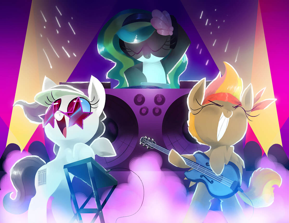 Front Page, Mocha Sunrise, and Marina playing band instruments.