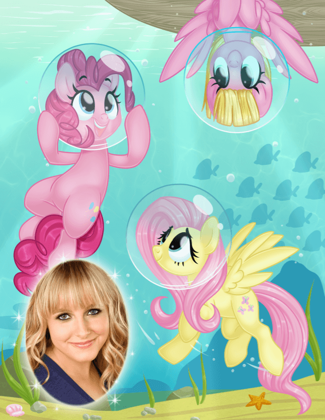 Pinkie Pie, Fluttershy, and Andrea Libman swimming with Andrea's portrait.