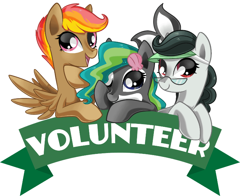 Two mascot ponies holding up a green banner that says "Volunteer".